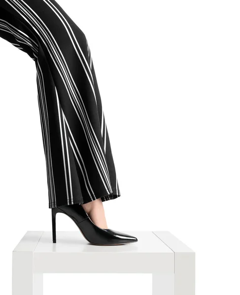Female Leg Black Heels Standing Stand White Background — Stock Photo, Image