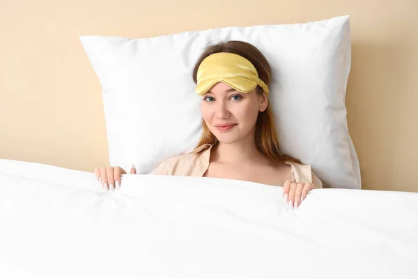 Young Woman Sleeping Mask Pillow Blanket Beige Background — Stock Photo, Image