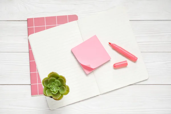 Sticky Notes Notebooks White Wooden Background — Stock Photo, Image