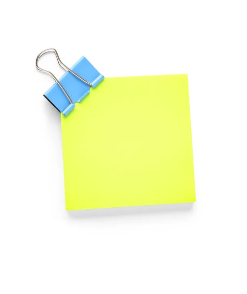 Gelbe Haftnotiz Mit Büroklammer Auf Weißem Hintergrund — Stockfoto