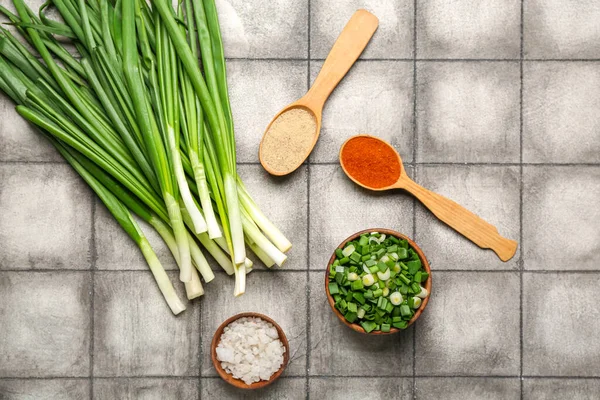 Fresh Green Onion Spoons Spices Dark Tile Background — Stock Photo, Image