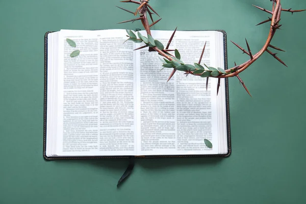 Trnová Koruna Otevřenou Biblí Svatou Zeleném Pozadí — Stock fotografie