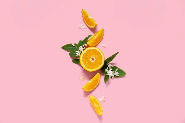 Oranges Blooming Branch Pink Background — Stock Photo, Image