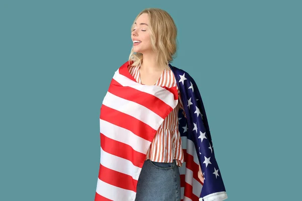 Young Woman Usa Flag Blue Background — Stock Photo, Image