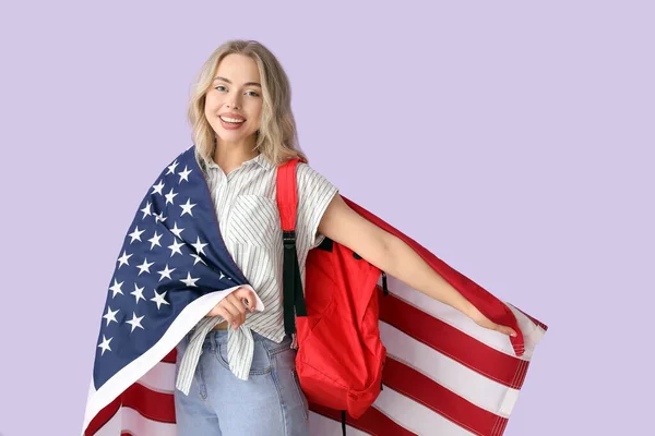 Female Student Usa Flag Lilac Background — Stock Photo, Image