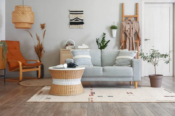 Interior Light Living Room Grey Sofa Table Armchair — Foto de Stock