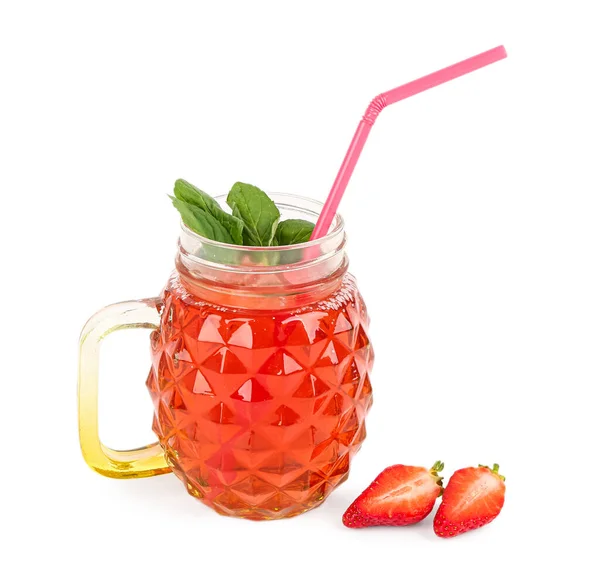 Mason Jar Tasty Strawberry Drink White Background — Stock Photo, Image