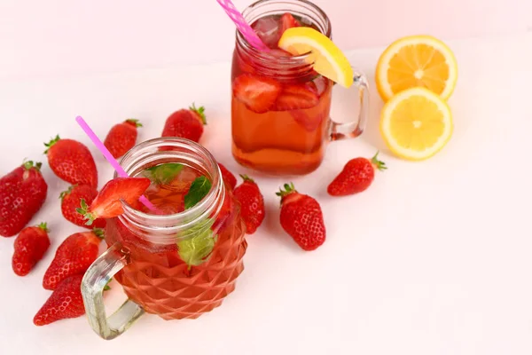 Mason Jars Tasty Strawberry Drink White Background — Stock Photo, Image