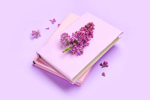 Lilac Twig Notebooks Color Background — Stock Photo, Image
