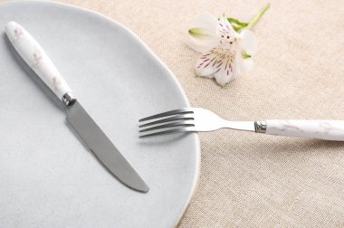 Masada bıçak, tabak ve alstromerya ile gümüş çatal