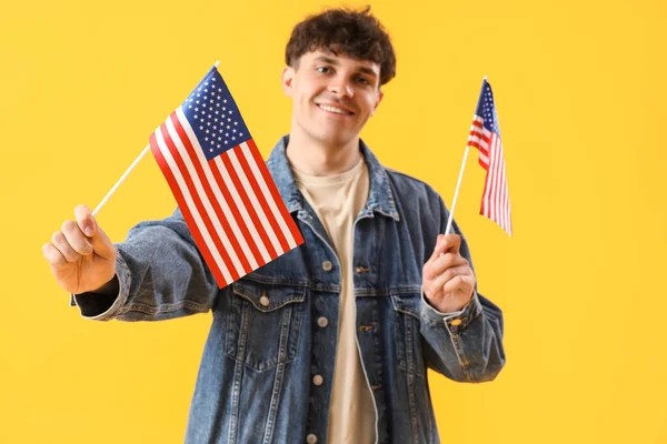 Young Man Usa Flags Yellow Background — Stock Photo, Image