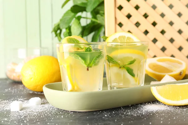 Glasses Fresh Lemonade Black Table — Stock Photo, Image
