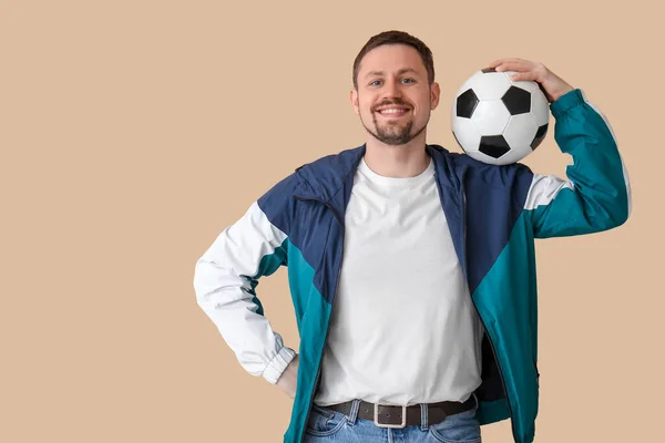 Happy Man Soccer Ball Beige Background — Stock Photo, Image