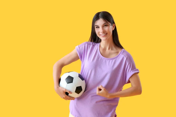 Sporty Young Woman Soccer Ball Yellow Background — Stock Photo, Image