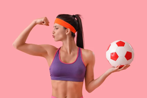 Sporty Young Woman Soccer Ball Pink Background — Stock Photo, Image