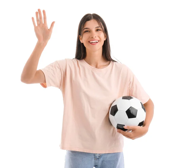 Νεαρή Γυναίκα Μπάλα Ποδοσφαίρου Λευκό Φόντο — Φωτογραφία Αρχείου