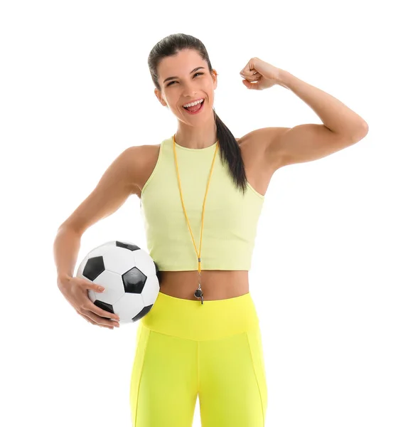 Entraîneur Féminin Sportif Avec Ballon Football Sur Fond Blanc — Photo