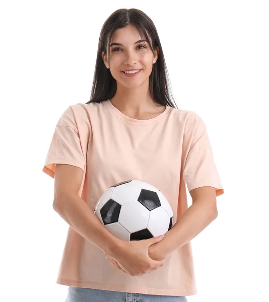 Jeune Femme Avec Ballon Football Sur Fond Blanc — Photo