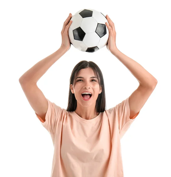 Mujer Joven Feliz Con Pelota Fútbol Sobre Fondo Blanco — Foto de Stock