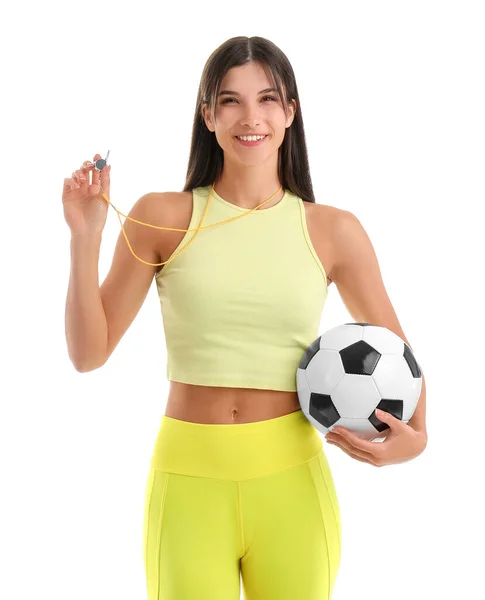 Entraîneur Féminin Sportif Avec Ballon Football Sifflet Sur Fond Blanc — Photo