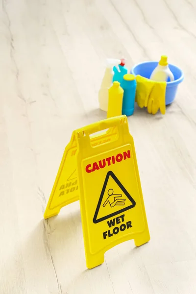 Caution Sign Wet Floor Room Closeup — Stock Photo, Image