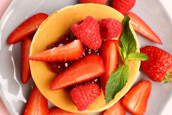 Plate Sweet Pancakes Berries Table Closeup — Stock Photo, Image