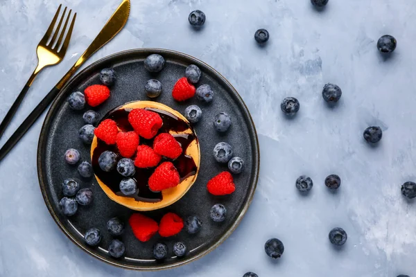 Plate Tasty Pancakes Berries Blue Background — Stock Photo, Image