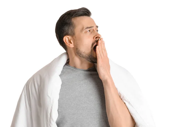 Handsome Man Soft Blanket Yawning White Background — Stock Photo, Image