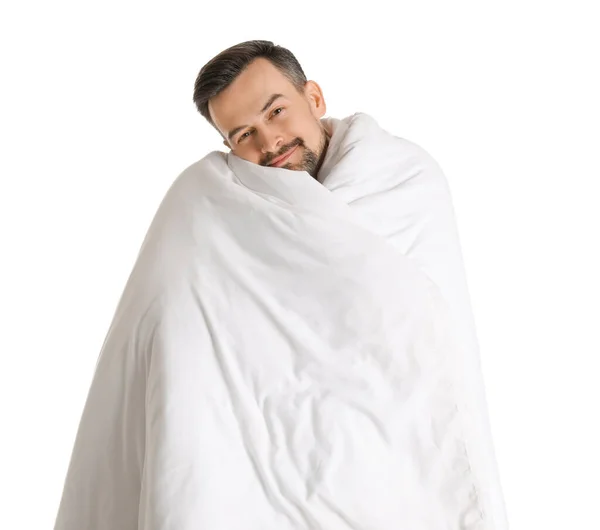 Handsome Man Soft Blanket White Background — Stock Photo, Image