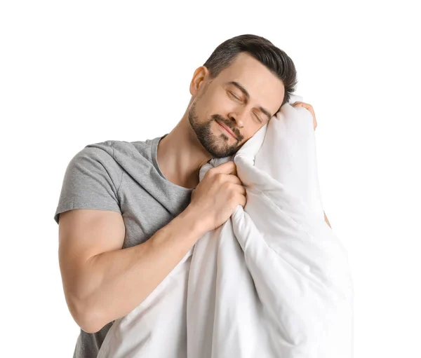 Bonito Homem Com Cobertor Macio Fundo Branco — Fotografia de Stock