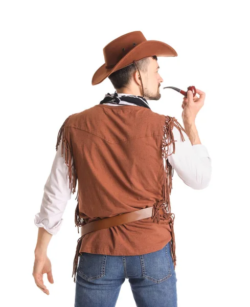 Schöner Cowboy Mit Rauchender Pfeife Auf Weißem Hintergrund Rückseite — Stockfoto