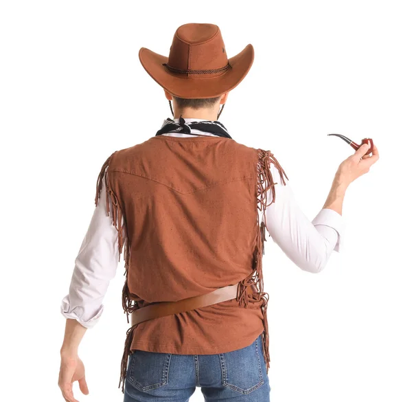 Cowboy Bonito Com Cachimbo Fumar Fundo Branco Visão Traseira — Fotografia de Stock