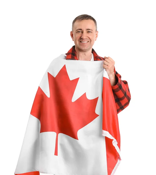 Älterer Mann Mit Kanadischer Flagge Auf Weißem Hintergrund — Stockfoto
