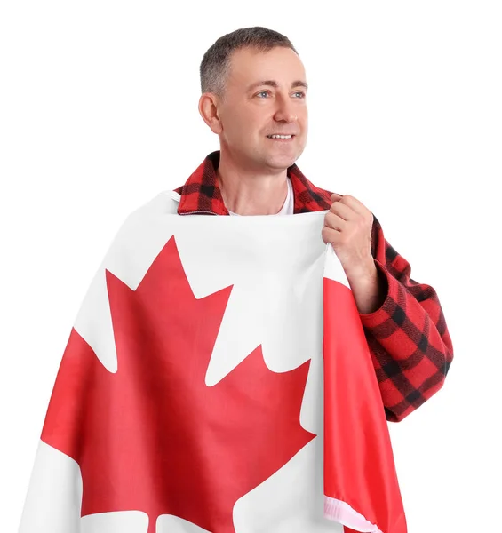Starší Muž Vlajkou Kanady Bílém Pozadí — Stock fotografie