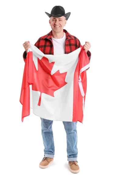 Зрелый Мужчина Флагом Канады Белом Фоне — стоковое фото
