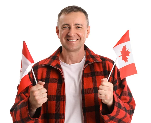 Зрелый Мужчина Флагами Канады Белом Фоне — стоковое фото