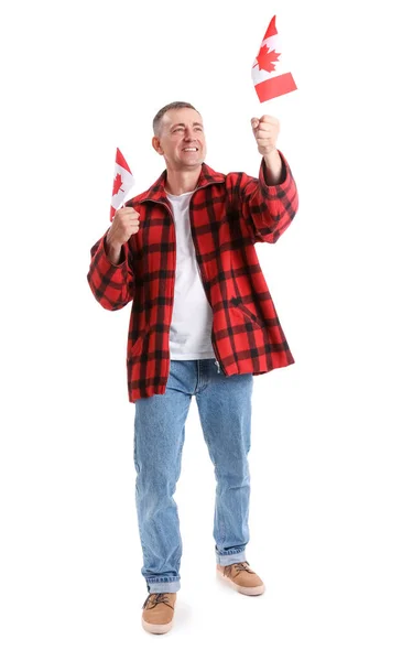Érett Férfi Zászlók Kanada Fehér Háttér — Stock Fotó