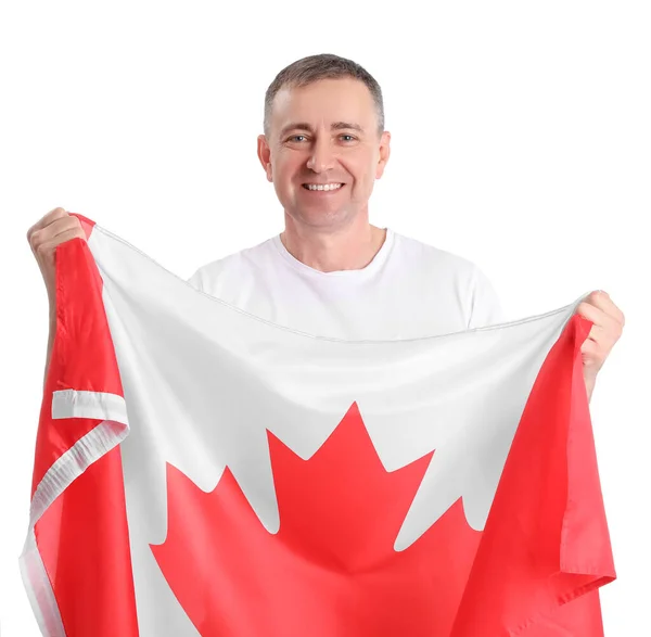 Зрелый Мужчина Флагом Канады Белом Фоне — стоковое фото
