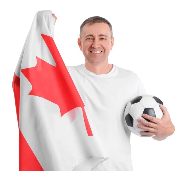 Kanada Bayrağı Beyaz Arka Planda Futbol Topu Olan Olgun Bir — Stok fotoğraf