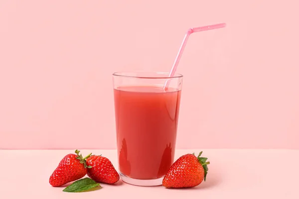 Glass Tasty Strawberry Juice White Table Pink Background — Stock Photo, Image