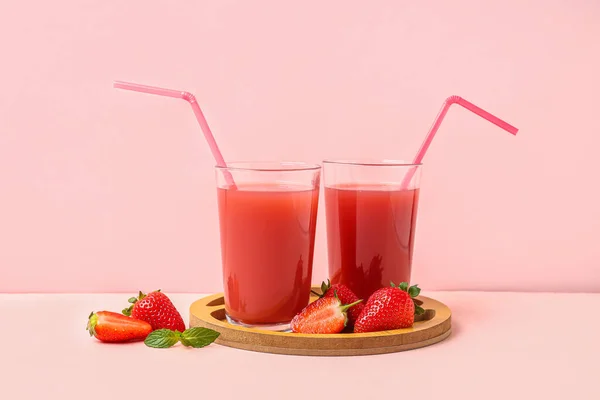 Board Glasses Tasty Strawberry Juice White Table — Stock Photo, Image