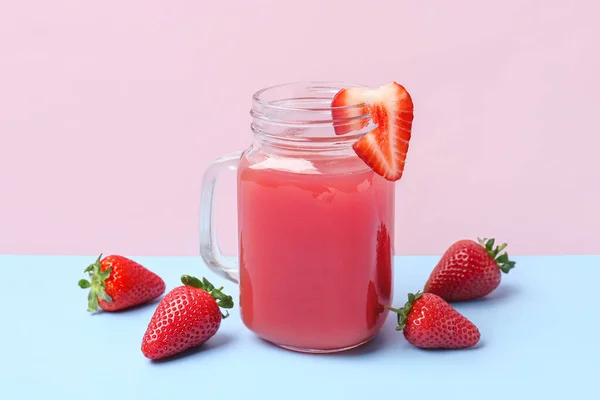 Mason Jar Tasty Strawberry Juice Blue Table — Stock Photo, Image