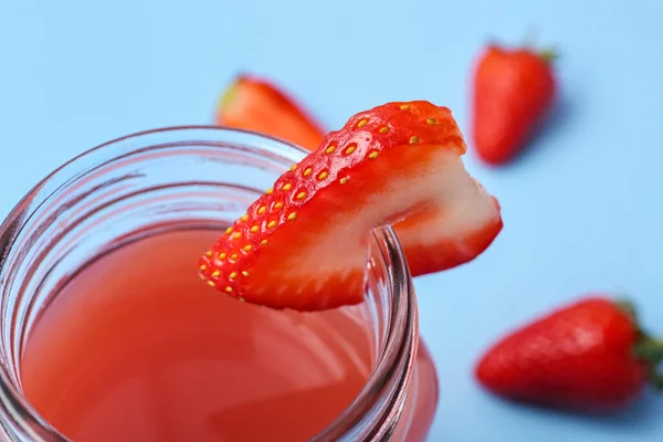 Mason Jar Tasty Strawberry Juice Blue Table Closeup — Stock Photo, Image