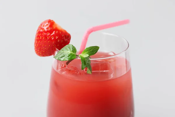 Glass Tasty Strawberry Juice Grey Background — Stock Photo, Image
