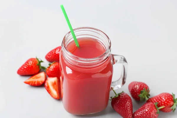 Mason Jar Tasty Strawberry Juice Grey Background — Stock Photo, Image