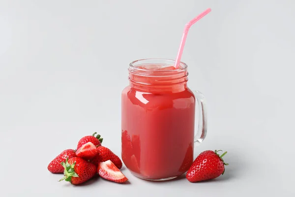 Mason Jar Tasty Strawberry Juice Grey Background — Stock Photo, Image
