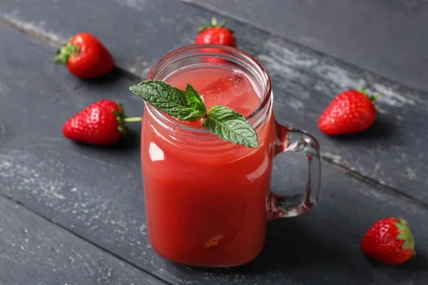Mason Jar Tasty Strawberry Juice Black Wooden Table — Stock Photo, Image