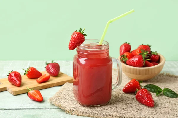 Mason Jar Juice Bowl Strawberry Green Wooden Table — Stock Photo, Image