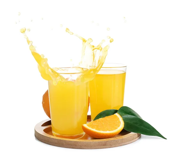 Board Glass Fresh Orange Juice Splashes White Background — Stock Photo, Image