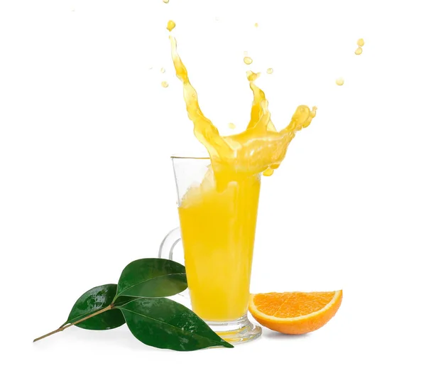Glass Fresh Orange Juice Splashes White Background — Stock fotografie